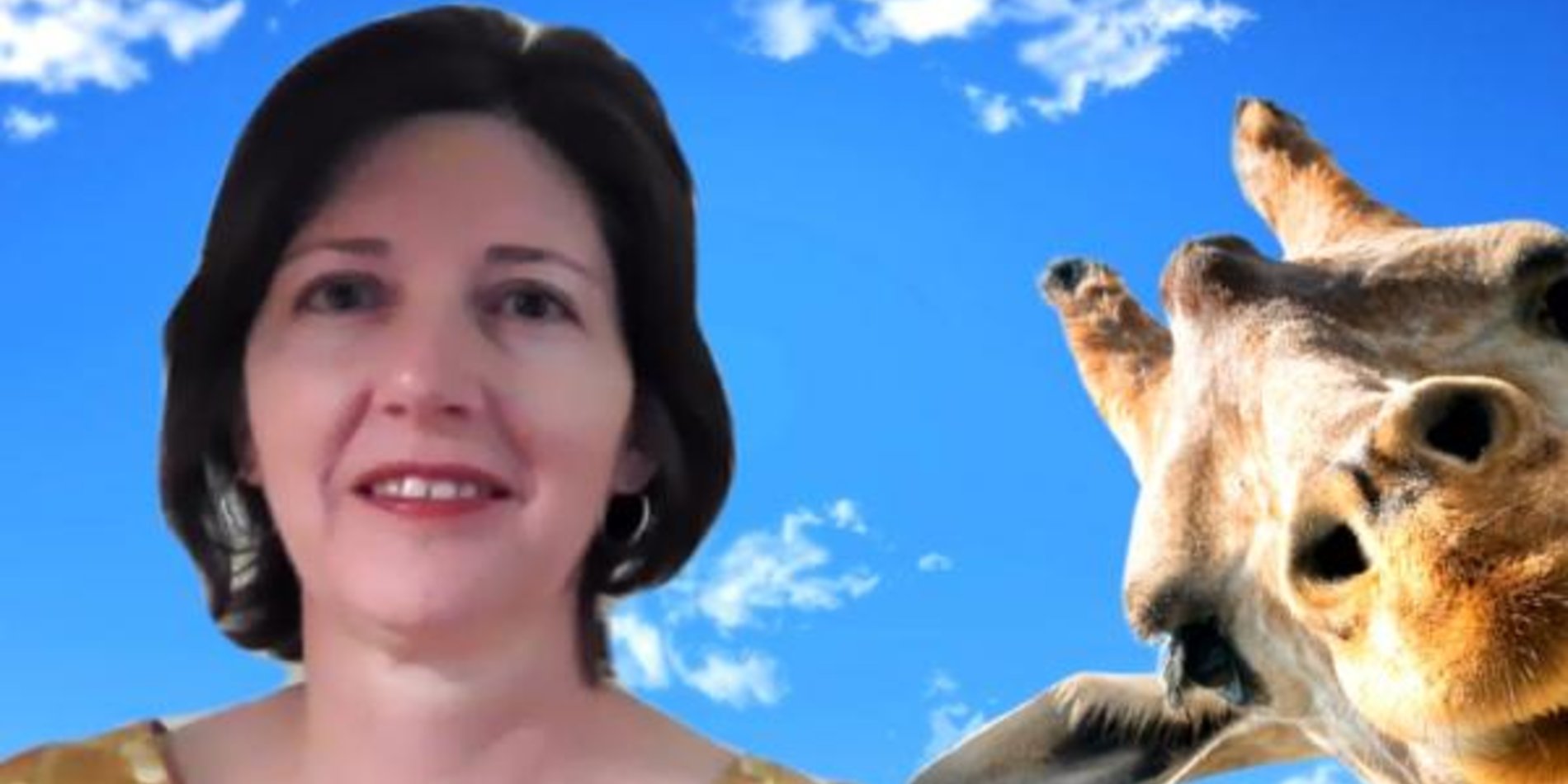 Christine Coli on a zoom call using a virtual background of a giraffe