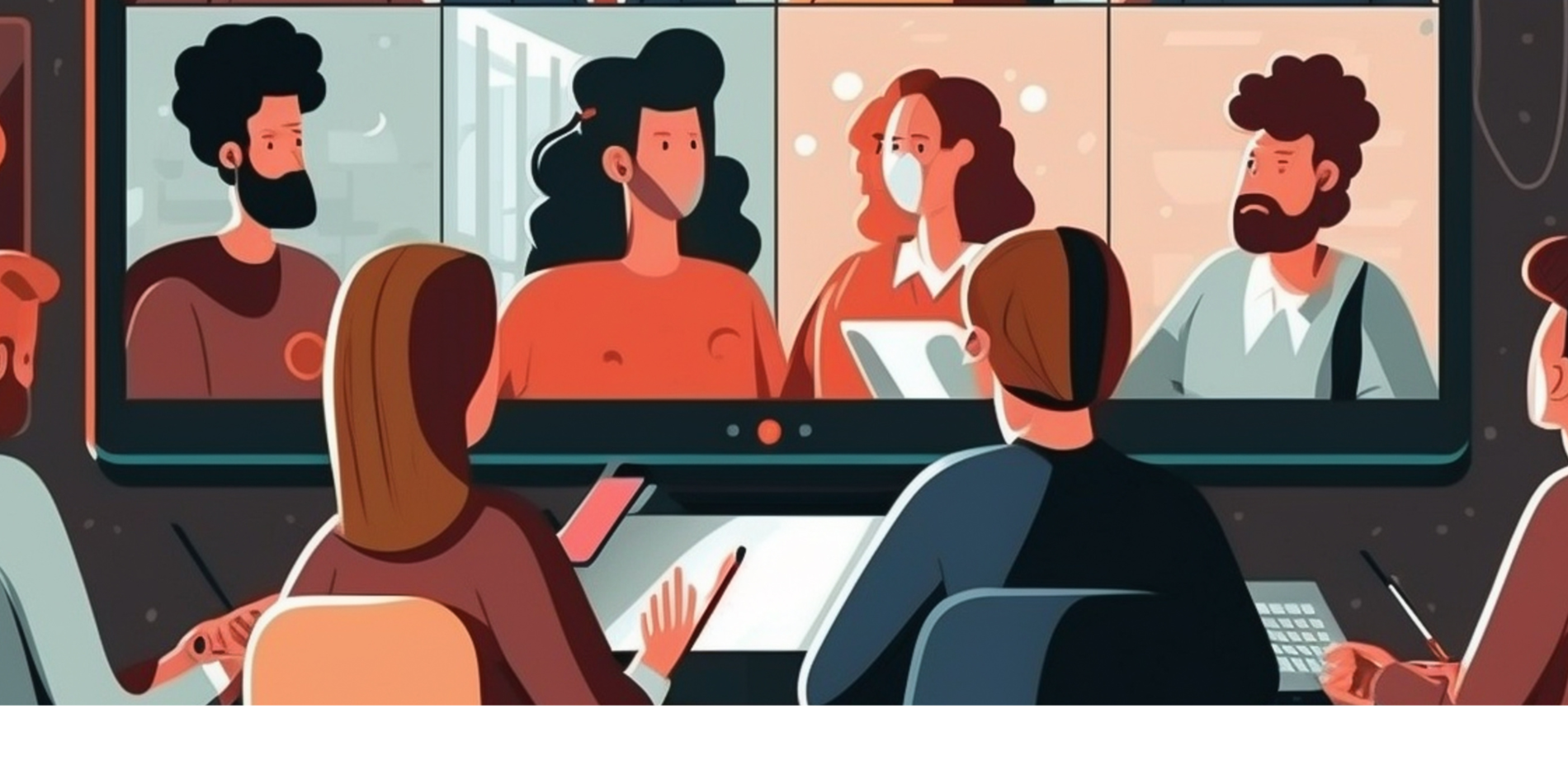 Illustration of a group of people working in a conference room with another group displayed on a large screen