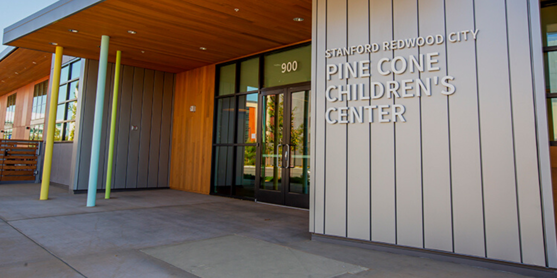 Front entry of Pine Cone Children's Center on the Stanford Redwood City campus