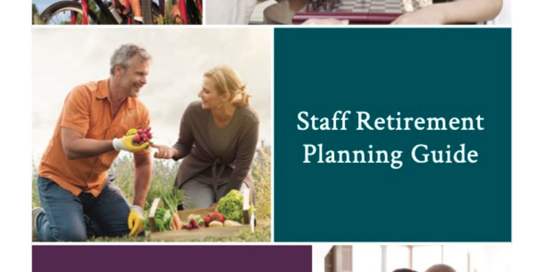 Man and woman gardening together, "Staff retirement planning guide" written on top of teal background