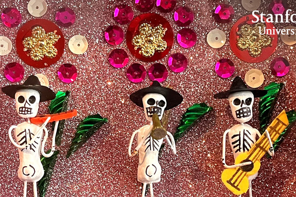 Dia de los Muertos Nicho (shadow box) showcasing three skeletons holding various instruments
