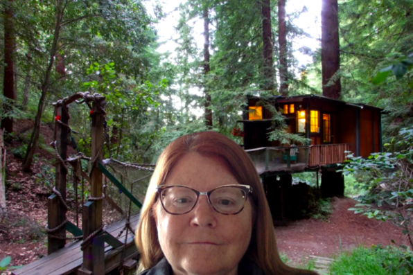Loretta Gallegos with a virtual background of a tree house