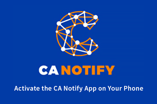 CA Notify Logo on bright blue text